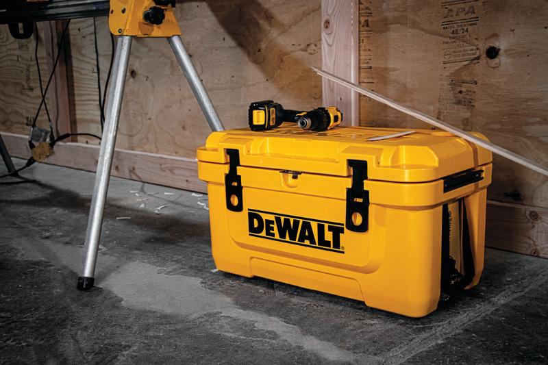 45 Quart Insulated lunch box cooler on worksite.