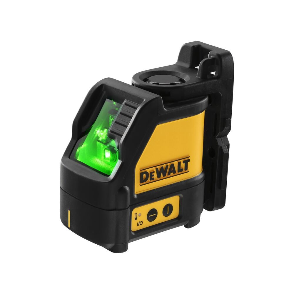 A compact yellow and black DEWALT laser level device with a bright green laser beam emitting from its front, used for precise leveling in construction and photography.