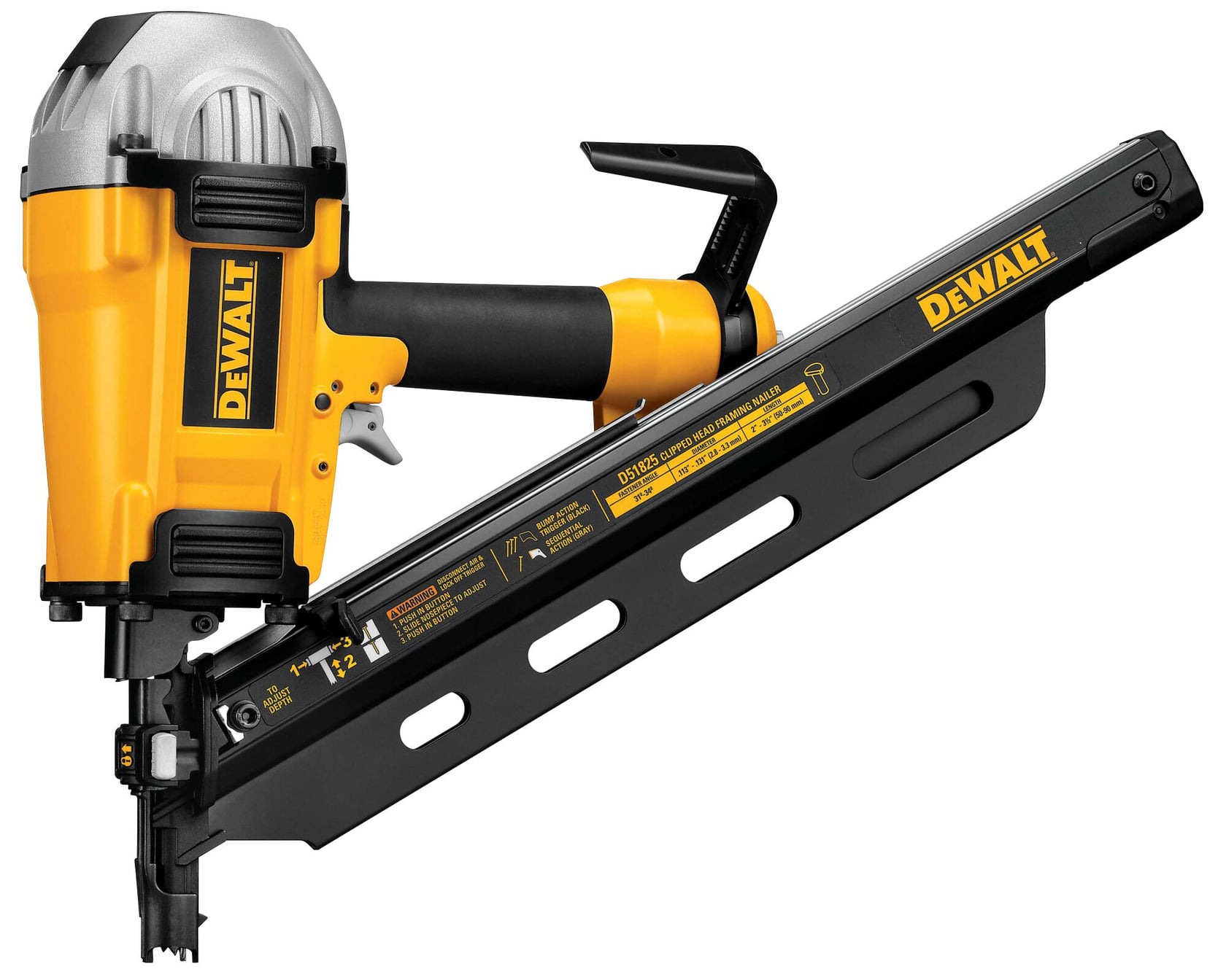 A DEWALT D51825 clipped head framing nailer with a yellow and black body, featuring a long angled magazine for nails and a handle with a trigger.
