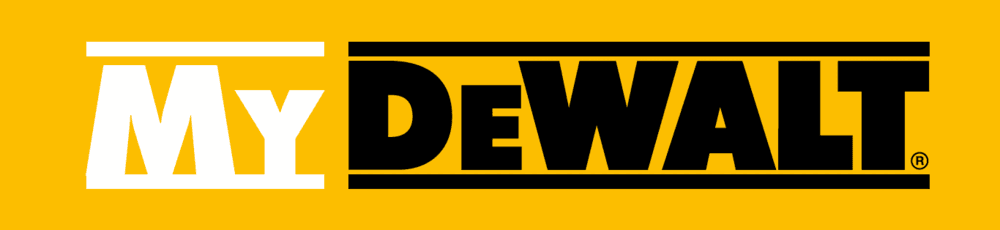 Logo with the text 'MY DEWALT' in a yellow rectangle, with 'MY' in white and 'DEWALT' in black.