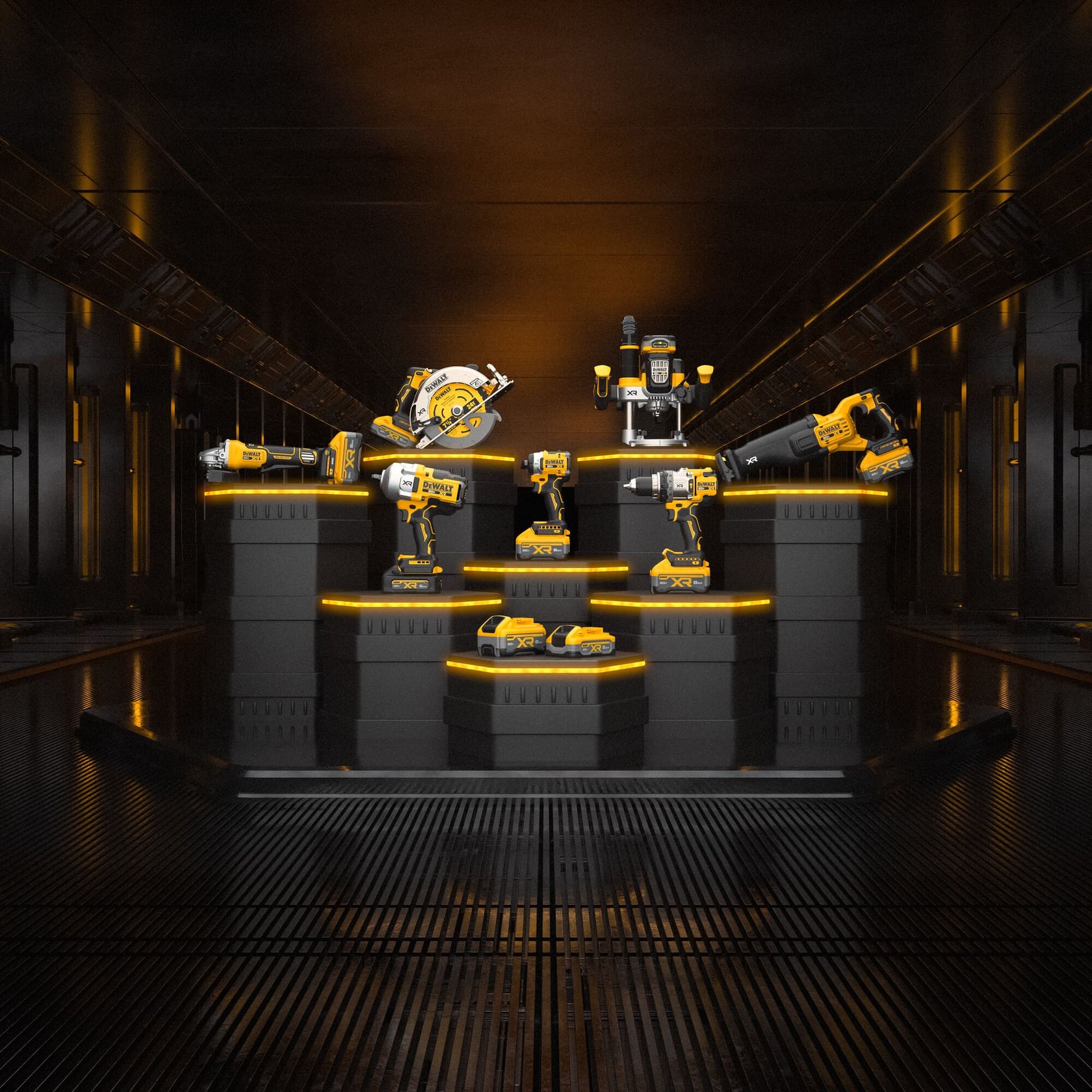 A display of various DEWALT power tools, including drills, saws, and batteries, arranged on illuminated black platforms in a futuristic, industrial setting.