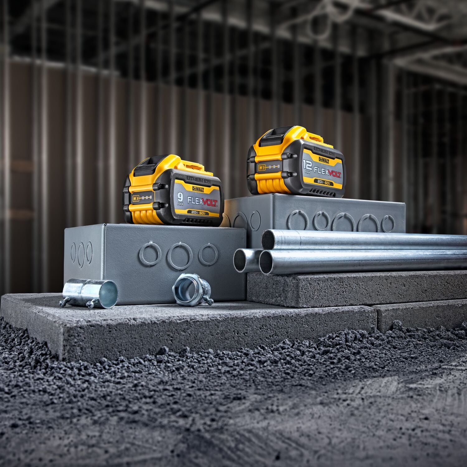 FlexVolt(™) Batteries in 9AH and 12AH (DCB609 and DCB612) featured in an industrial jobsite